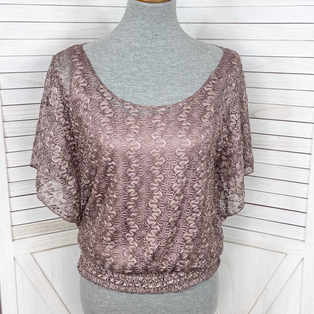 Y2K Vintage Lavish Boho Lace Butterfly Sleeve Smocked Waist Blouse Mauve Medium